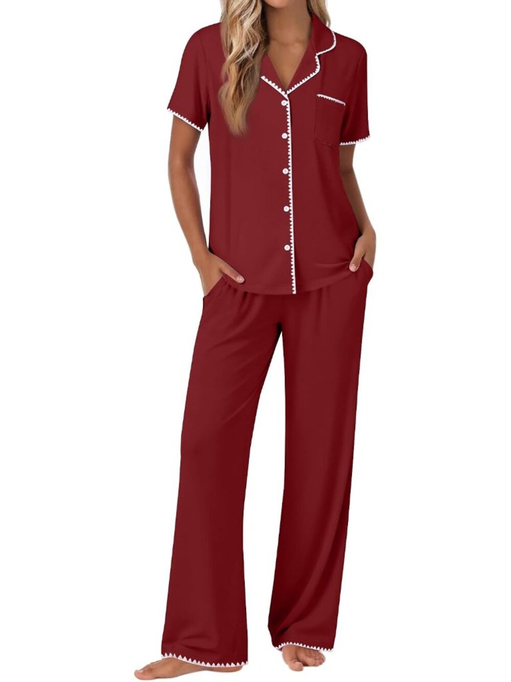 Women Wine Red Short Sleeve Sleepwear Button Up Shirt Pajamas Set 2 Piece